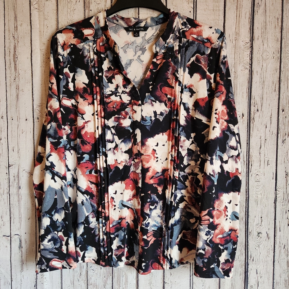 Zac & Rachel Abstract Floral Pleated V-Neck Blouse - Size Medium